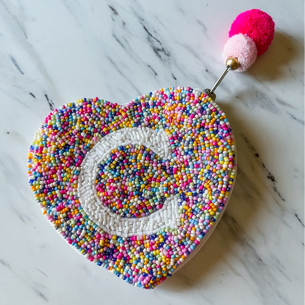 C heart shaped monogram beaded coin purse